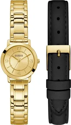 A gold watch with a gold bracelet and a black leather strap are shown side-by-side against a white background.