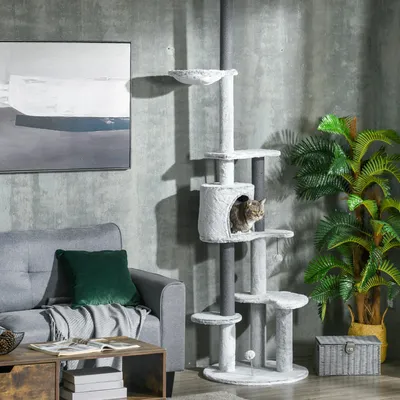 Produktbild von Kratzbaum mit Deckenspanner, Hängematte, Katzenhaus, Säulenventilator, Grau | 225–255 cm | 60 x 60 cm Basis | Spanplatte & Samt