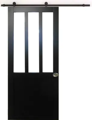 Image de Porte Coulissante Atelier Noir H204 x L73 + Rail a roulettes et Coquilles