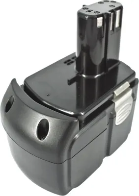 A black power tool battery pack is shown against a white background.