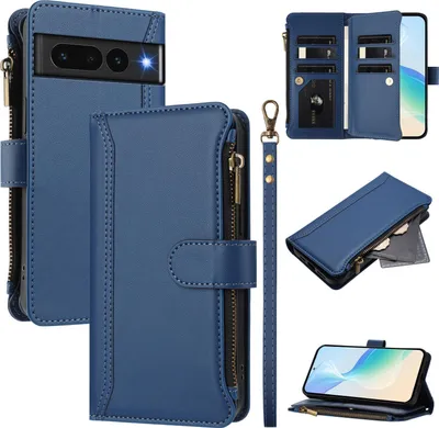 Image de Étui pour Google Pixel 7 Pro, zippé, étui portefeuille en cuirPolyuréthaneà rabat avec poches pour cartes, support et boucle pour les mains bleu
