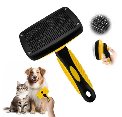 Immagine prodotto di Spazzola autopulente per gatti, spazzola per cani, colore giallo. Spazzola per rimuovere il pelo con un solo click, per una rimozione delicata del pelo