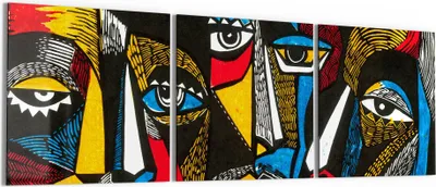 Produktbild von DEQORI Glasbild Echtglas 3x50x50 cm 'Linolschnitt Gesichter' Wandbilder XXL groß