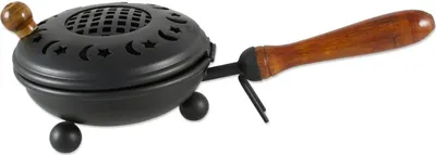 Produktbild von Räucherpfanne Metall Schwarz Ø 12cm mit Holzgriff Deckel Weihrauchbrenner 2212