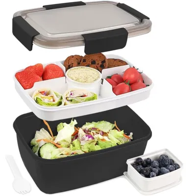 Immagine prodotto di Contenitore per il pranzo per adulti, capacità 2000 ml, a prova di perdite, con scomparti, contenitore per insalata da portare con sé, forchetta inclusa, colore nero