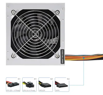 Produktbild von TooQ TQEP-500SSE, 500 W, Überspannung, Überhitzung, Kurzschluß, Unterspannung, Überstrom, Überlastschutz, 24-pin ATX, Nicht-modular, PC, ATX