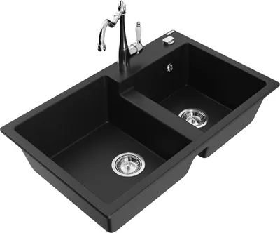 Produktbild von Mexen Tomas 2-Becken-Granitspüle mit Mischbatterie Carla, Schwarz - 6516-77-670700-00