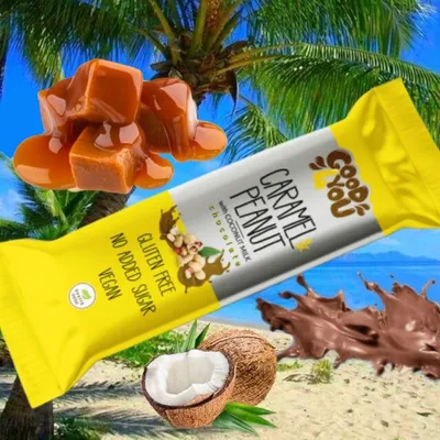 Produktbild von 10x25g Good4You Karamell Erdnuss Kokosmilch Schoko Riegel /glutenfrei / Ohne Zuckerzusatz  / vegan