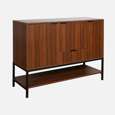 A wooden sideboard with black metal legs and a shelf underneath, presented against a white background.