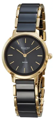Produktbild von Regent Damenuhr F-1628 Edelstahl, Gold plattiert, Keramik, Schwarz