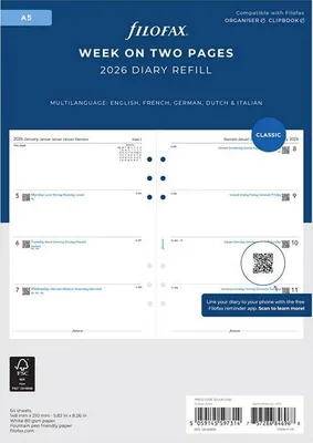 Produktbild von FILOFAX Kalendereinlage 2026 - A5 - 1 Woche = 2 Seiten - weiss - mehrsprachig - 26-68516