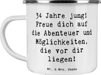 Produktbild von Mr. & Mrs. Panda Emaille Becher Spruch 34. Geburtstag - Weiß - Geschenk, Glückwunsch, Happy Birthday, Pott, Tasse, unvergessliche Erlebnisse, Haferl, Weisheit, Teetasse