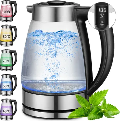 Produktbild von Wasserkocher mit temperatureinstellung, Wasserkocher Glas 2,0 Liter, 2200,00 W, Temperaturwahl 40-100°C Farbwechsel LED, Wasserkocher Edelstahl