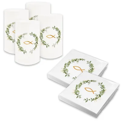 Produktbild von itenga 6x Windlicht + 40x Servietten - Fisch - Eukalyptus Kranz - weiß
