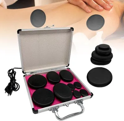 Productafbeelding van 9 stuks basalt massagestenen in draagkoffer, Draagbare, hete basalt massagestenen, Massagesteenverwarmingsset voor massagetherapie & ontspanning & SPA-behandeling