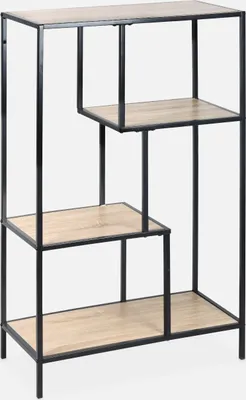 A multi-tiered shelf unit with a black metal frame and wood-effect shelves against a white background.