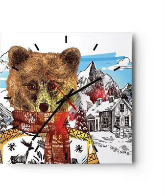 Produktbild von Wanduhr - Quadrat - Glasuhr - Bär Berge Kinder Winter - 30x30cm - Schleichendes Uhrwerk - Lautlos - zum Aufhängen bereit - Dekoration Modern - Wanddekoration aus Glas - C3AC30x30-3205