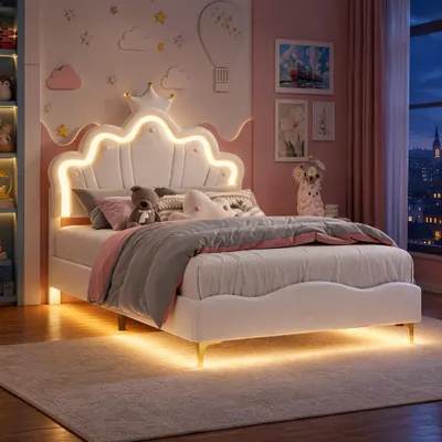 Imagen del producto de Cama infantil tapizada INONEFT de 140x190 cm con LED, tipo cama de princesa, cama individual, cabecero ajustable, estructura de cama con somier, para niños, de poliuretano (PU), color blanco