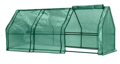 A green greenhouse with a metal frame, shown from the side against a white background.