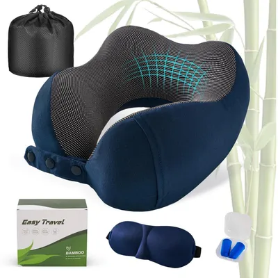 Obrázek produktu pro Polštářek pod krk do letadla, modrý, z paměťové pěny, nastavitelný, s špunty do uší a maskou na oči