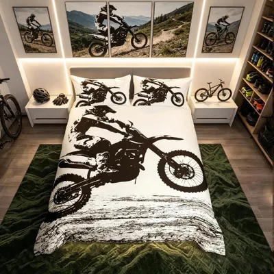 Bettbezug-Set Dirt Bike Motocross, King Size, Schwarz/Weiß
