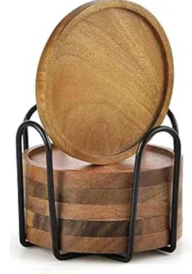 Produktbild von Set von 6 Holzuntersetzern aus Akazienholz mit Halter, 10 cm, ideal für Getränke und Gläser