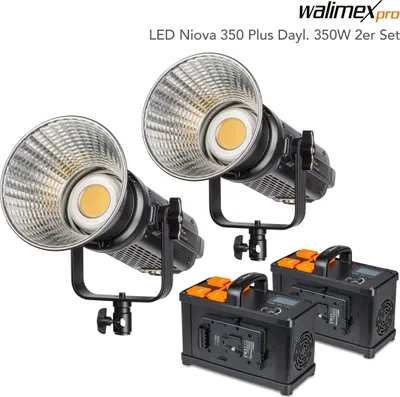 Produktbild von Walimex pro 2x Niova Plus Daylight Studioleuchte 350 W, dimmbare LED Videoleuchte, Videolicht mit Bowens-Reflektor & Soft Diffusor, Studiolicht mit COB-LED-Technologie