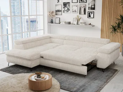 Produktbild von Ecksofa Sofa Beige, Wohnlandschaft L-Form mit Schlaffunktion und Bettkasten, Schlafsofa mit Bettkasten, Sofa mit Einstellbare Kopfstützen, Peter L - Beige Cord - Links Beige