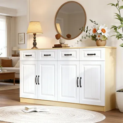 Productafbeelding van Dressoir, wit met natuurhout, 4 lades en 4 deuren, met ribbels