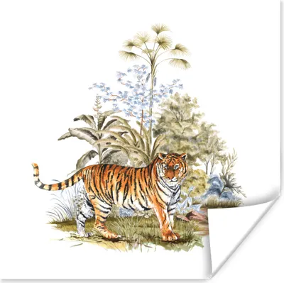 Produktbild von MuchoWow® Poster Tiger - Malerei - Pflanzen 30x30 cm - Wandposter - Printing