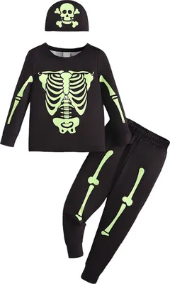 Imagen del producto de Conjunto de carnaval: pantalones deportivos, camiseta y gorro, talla 98. Diseño: esqueleto que brilla