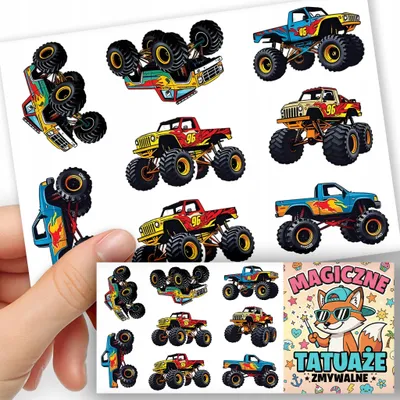 Zdjęcie produktu dla Tatuaże Zmywalne Dla Dzieci Tymczasowe - Wzory Monster Truck - 8 El.