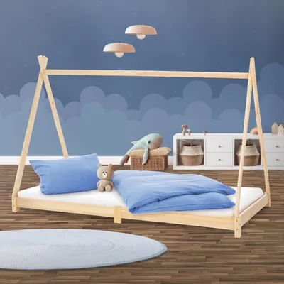 Obrázek produktu pro ML-Design dětská postel tipi 90x200 cm s roštovým rámem, přírodní, indická postel z borovicového dřeva podlahová postel dřevěná postel postel pro mládež postel domeček na hraní postel stan