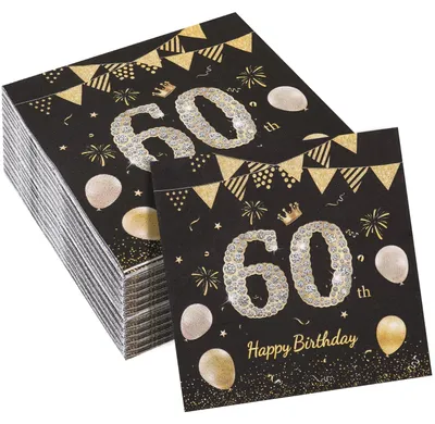 Immagine prodotto di Tovaglioli per il 60° compleanno - 100 pezzi, decorazioni per feste in nero e oro