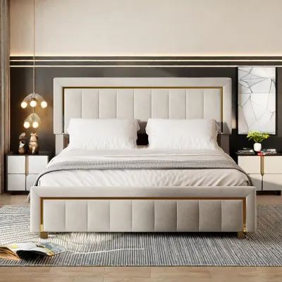 Image de ProximaX lit rembourré , lit boxspring hydraulique 140x200cm avec sommier à lattes et espace de rangement, lit double en bois lit d'adolescent similicuir, Beige