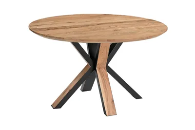 Produktbild von Esstisch rund 120 cm, KIMBERLY, Akazienholz massiv natur, Schweizer Kante, Metall- Holzgestell, Industrial Design