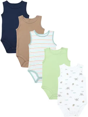 Produktbild von TupTam Baby Jungen Achselbody – Weicher Baby Body im 5er Pack aus Baumwolle, Body Baby Unifarben , Farbe: Blau_Streifen_Grün_Safari_Beige, Größe: 80