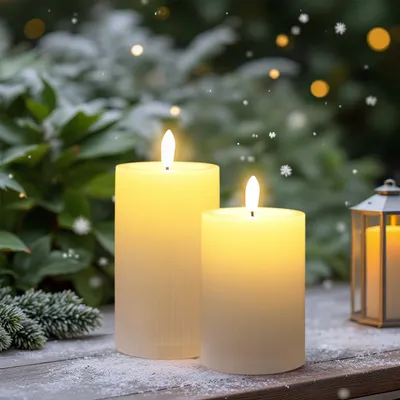 Two LED candles are placed on a wooden surface with snow and pine branches, with a blurred background of greenery and bokeh lights.