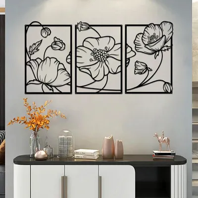 Produktbild von Set mit 3 Wanddekorationen aus Metall: florale Metallwandkunst, florale Wandskulptur, schwarze Wandkunst, minimalistisches Design für Zuhause, Wohnzimmer, Schlafzimmer