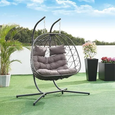 Produktbild von Hängesessel mit Gestell Skense für 2 Personen Outdoor Schaukelsessel mit Kissen max. 220 kg Balkon Indoor Hängeschaukel Polyrattan Hängestuhl Grau