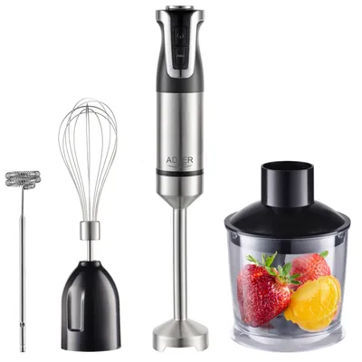 Obrázok produktu pre Prenosný Blender 5 v 1 Adler AD4627B, 20 rýchlostných stupňov, Profesionálny blender, 1500 W, Turbo funkcia, Multifunkčný na mletie, rozmixovanie, miešanie, sekanie a šľahanie vajíčok, Kapacita 700 ml/600 ml