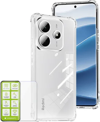 A clear phone case and screen protector are shown against a white background.