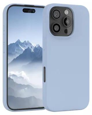 A blue phone case is shown with a mountain landscape on the phone screen.