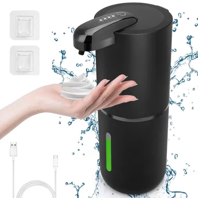 Image de Distributeur de savon automatique, distributeur de savon électrique de 380 ml avec capteur, 4 niveaux de dosage, rechargeable via USB-C, distributeur de mousse automatique, fixation murale pour salle de bains et cuisine, noir