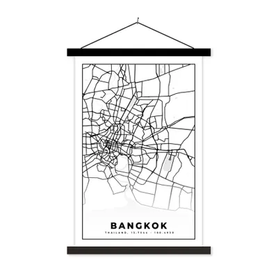 Produktbild von MuchoWow® Textilposter Bangkok - Schwarz und weiß - Karte - Stadtplan 60x90 cm mit schwarzem Rahmen - Poster Wohnzimmer