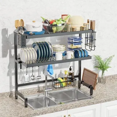 Produktbild von Gootsteen-Ablage mit 3 Ebenen, multifunktionale Stahl-Ablage, Küchenorganizer und Spiegelaufbewahrung, mit Küchenutensilien, Schneidbrett-Holder, Länge 65cm, schwarz