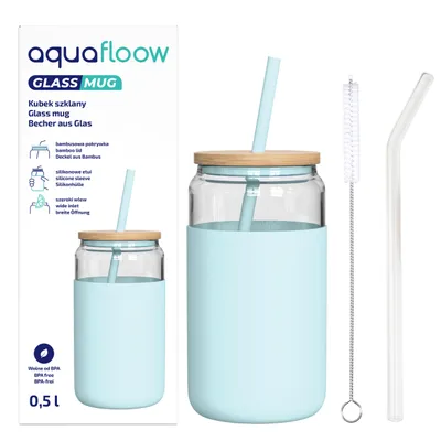 Produktbild von AquaFloow Glasbecher mit Silikonhülle 500 ml – Hellblau