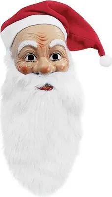 A Santa Claus mask with a white beard and a red and white hat.