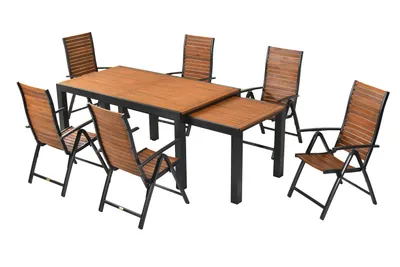Produktbild von Merxx Gartenmöbel Set Santorin 7tlg., 6 Klappsessel, Flex Ausziehtisch 180/180 x 100/83 cm - Aluminium/Akazie