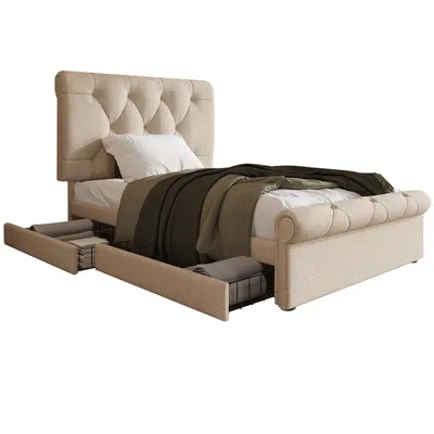 A beige upholstered bed frame with storage drawers, shown against a white background.
